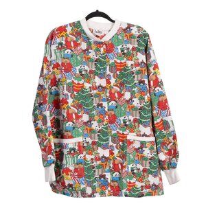 Christmas Teddy Bear Long Sleeve Scrub Top L Womens Snaps Pockets Sweater Tree